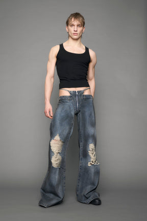 blue smoke wash distressed denim pants 