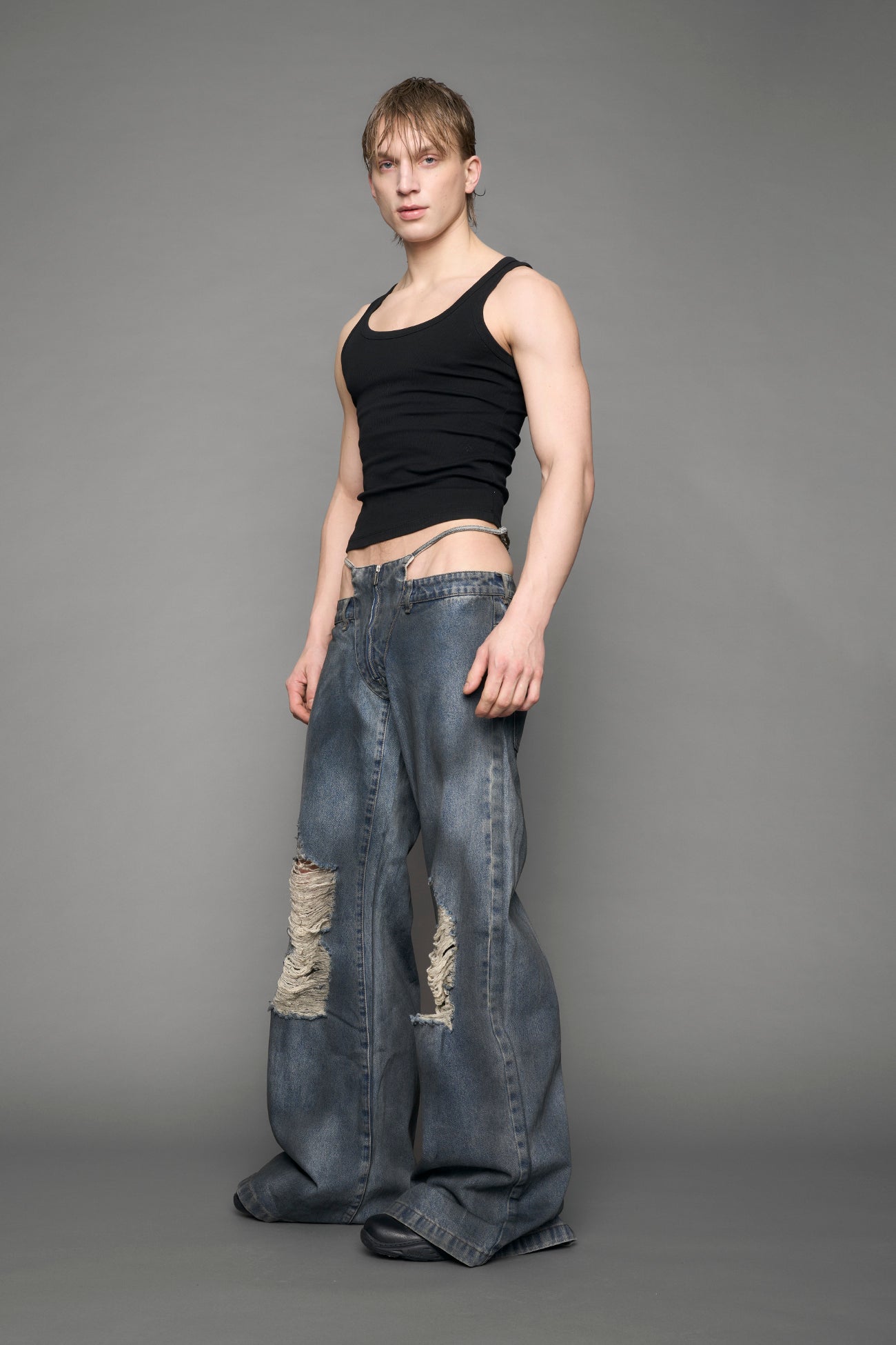 blue smoke wash distressed denim pants 