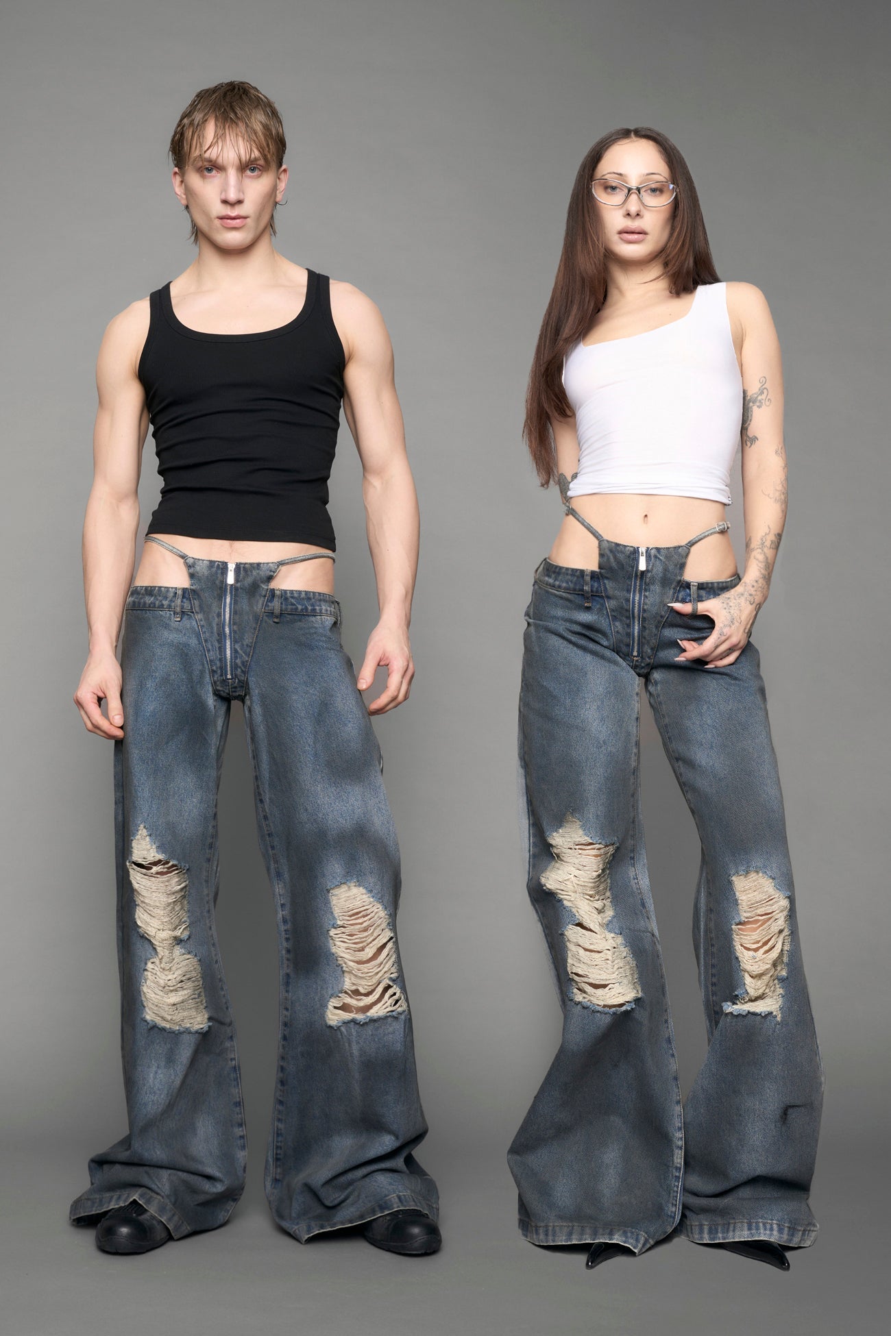 blue smoke wash distressed denim pants 