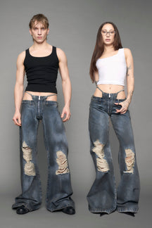 blue smoke wash distressed denim pants 