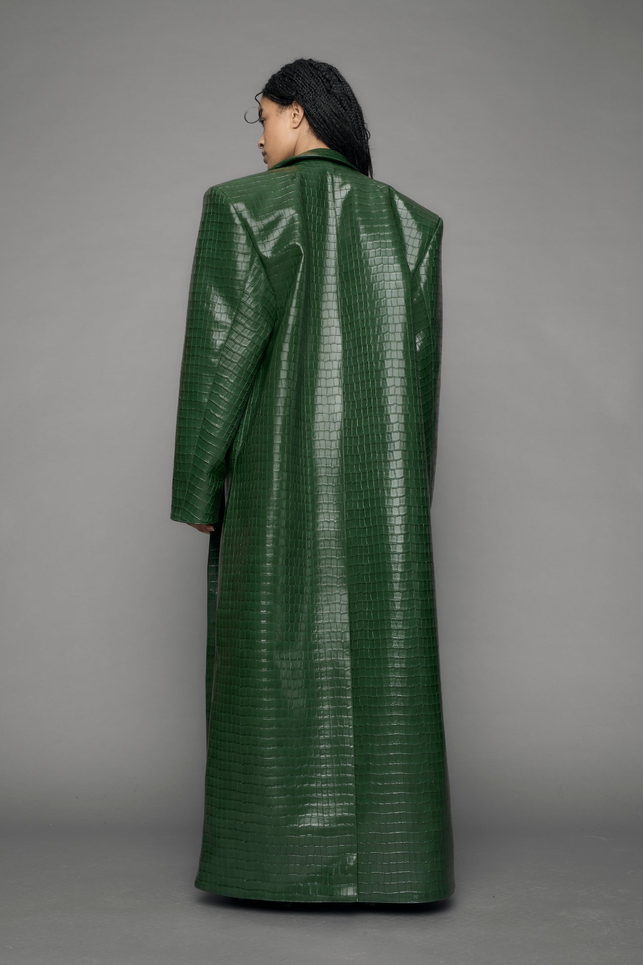 model wearing green vegan leather croc blazer coat