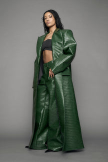 model wearing green vegan leather croc blazer coat