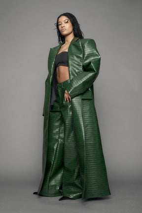 model wearing green vegan leather croc blazer coat