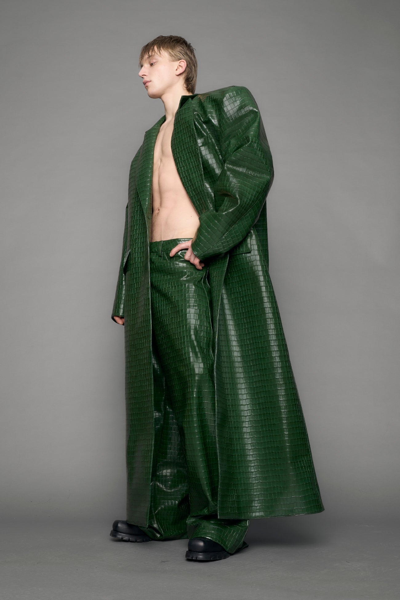 model wearing green vegan leather croc blazer coat