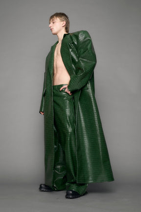 model wearing green vegan leather croc blazer coat