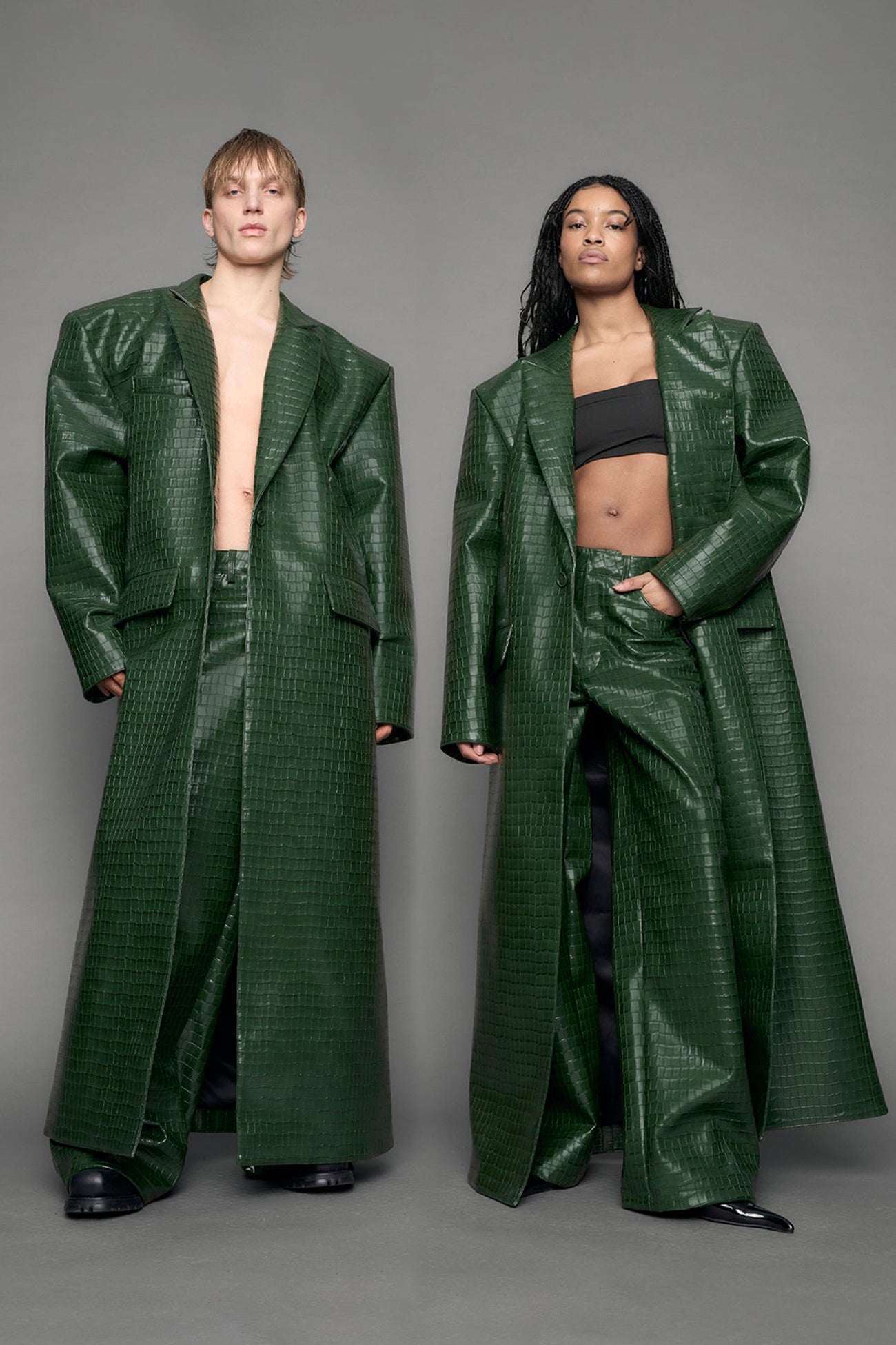 model wearing green vegan leather croc blazer coat