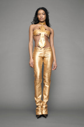 gold vegan leather pants with cuts