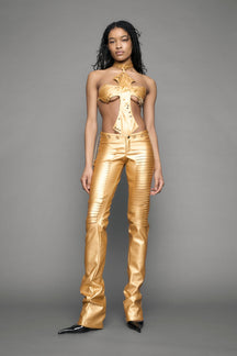 gold vegan leather pants with cuts
