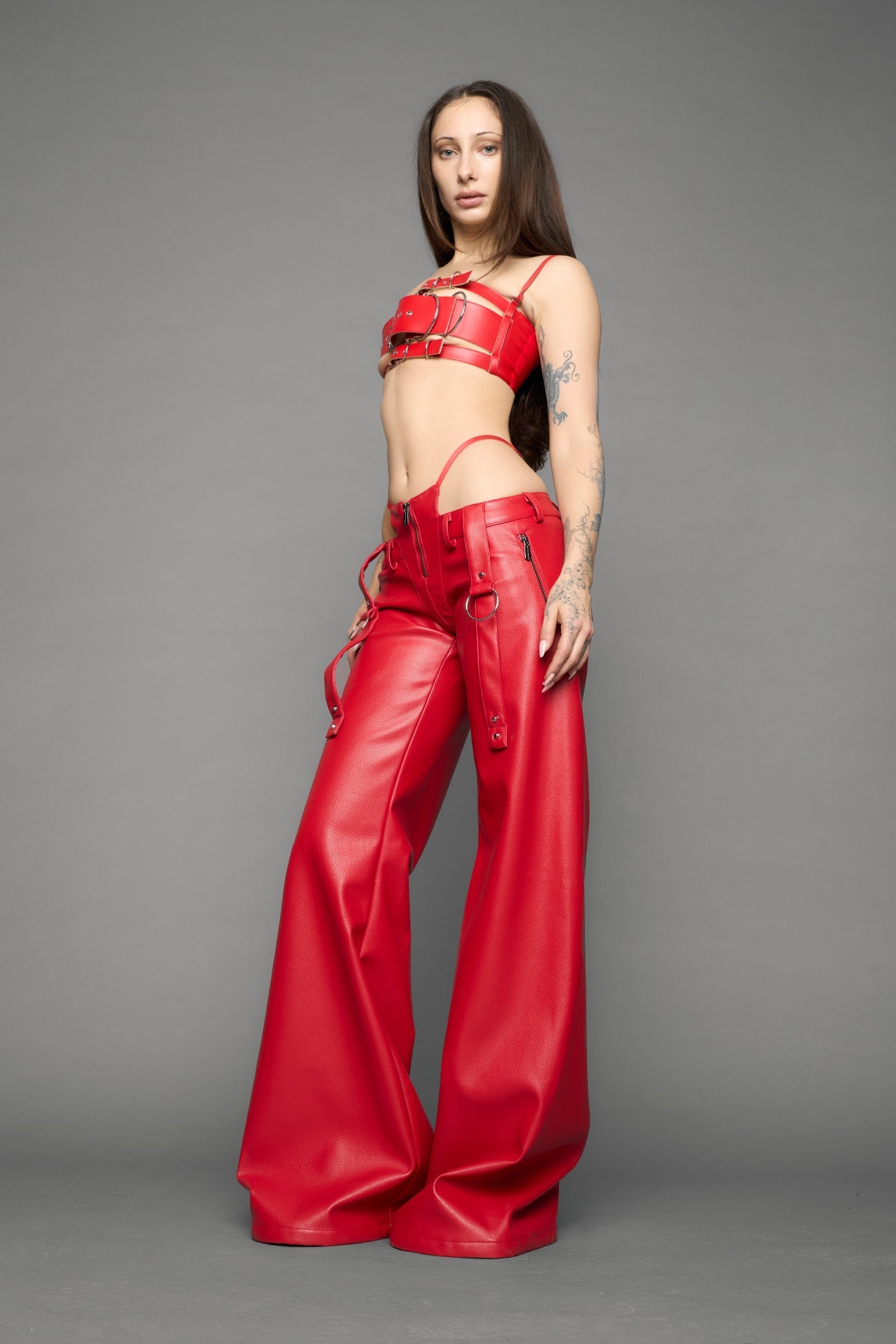 red vegan leather pants with panty