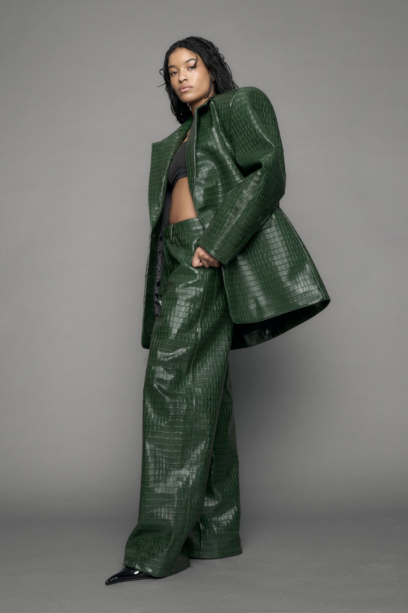NAMILIA - Leather Oversize Croc Blazer - Shop now