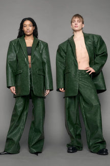 model wearing green vegan leather croc blazer