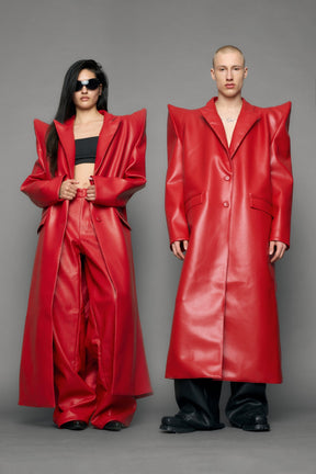 model wearing red pu leather coat with sharp shoulder design