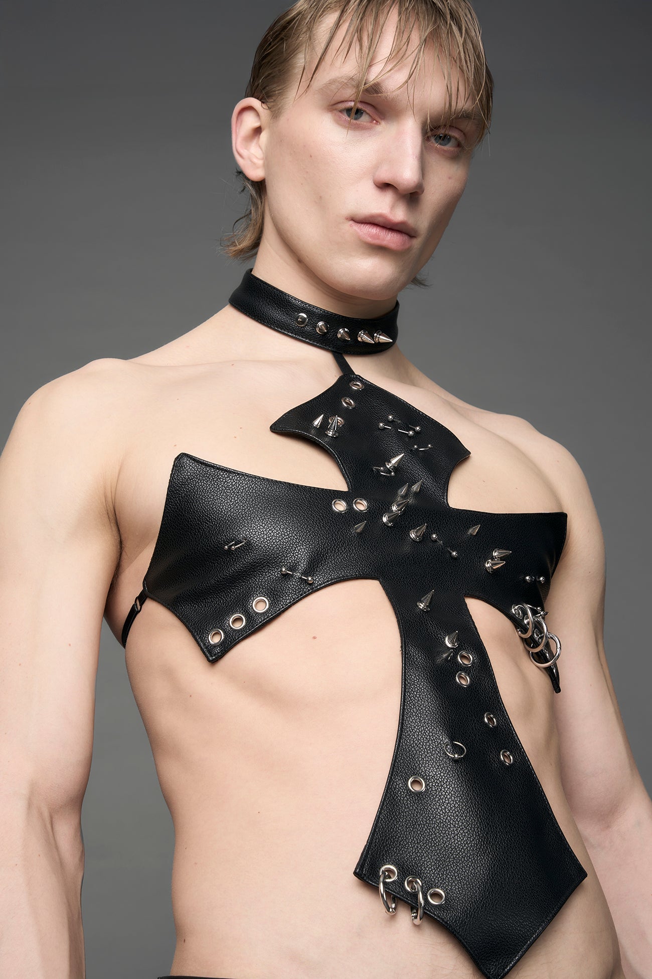 Black vegan leather cross top with spikes