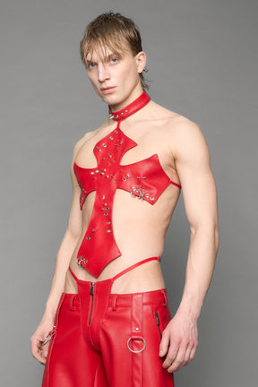 red vegan leather cross top with spikes