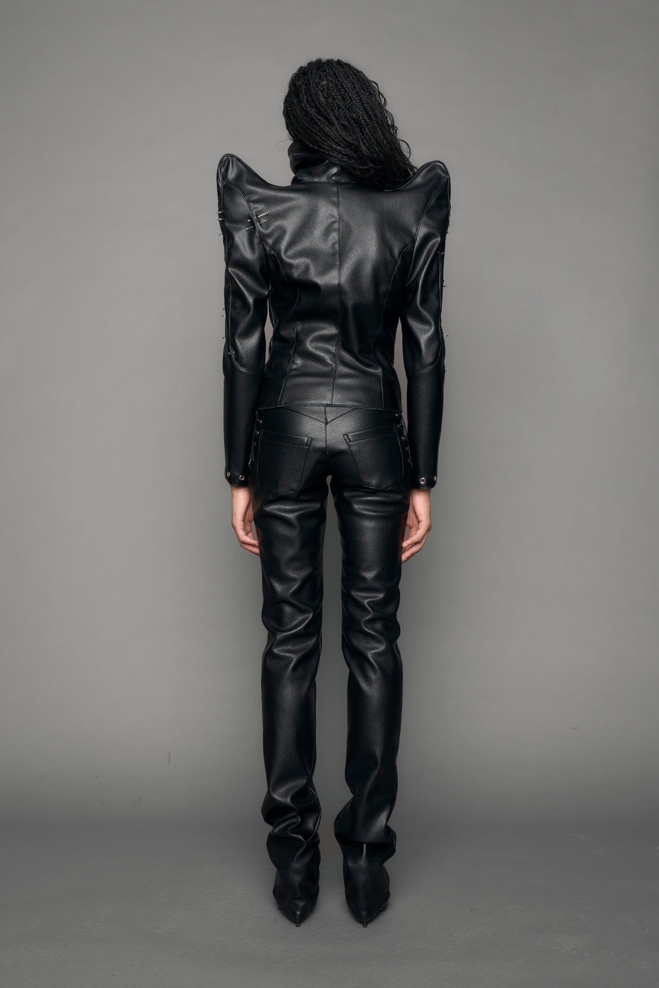 black vegan leather jacket with high collar