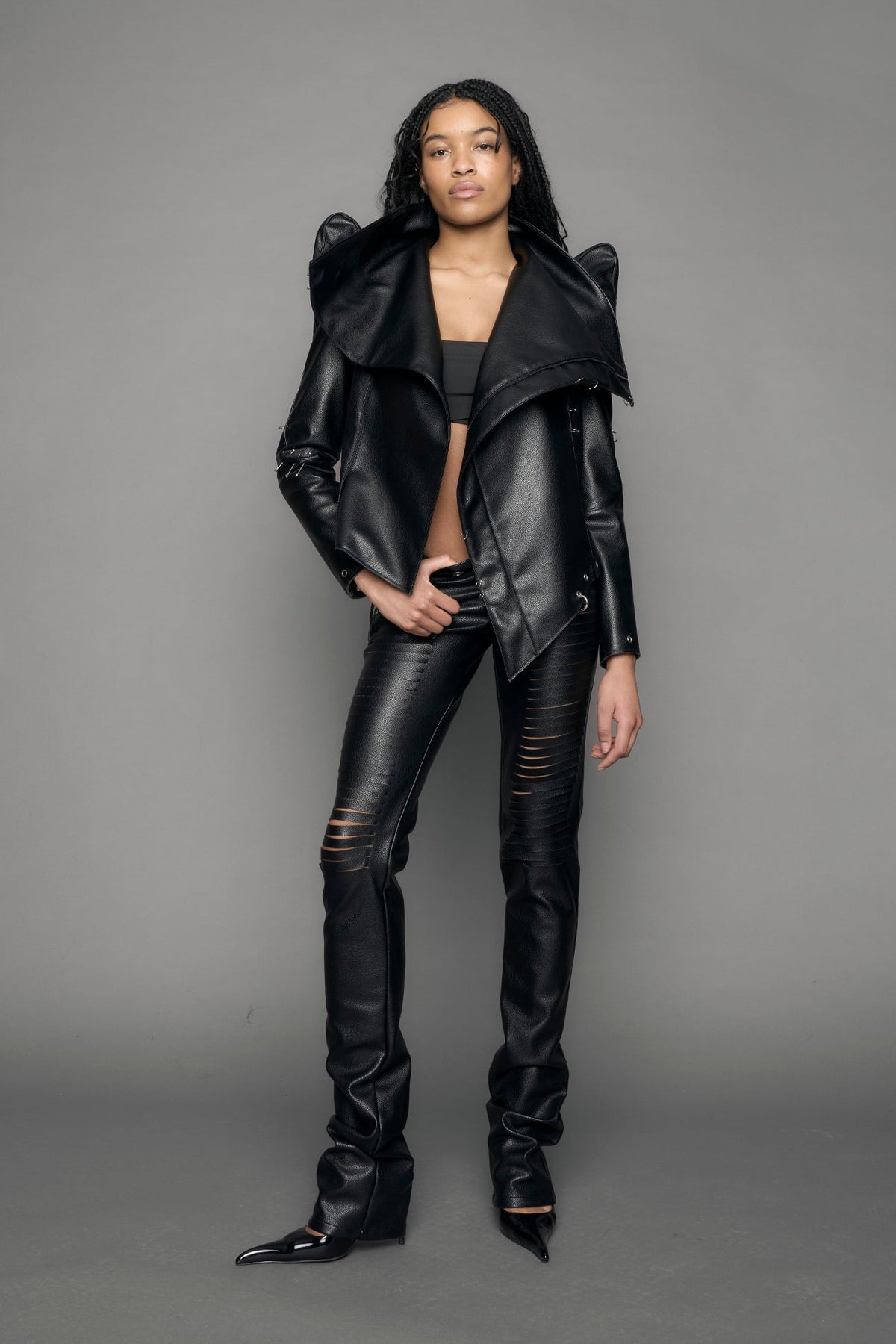 black vegan leather jacket with high collar