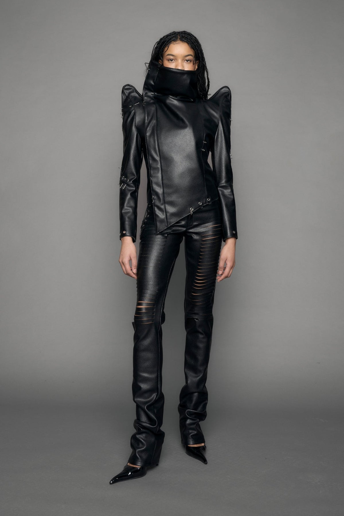black vegan leather jacket with high collar