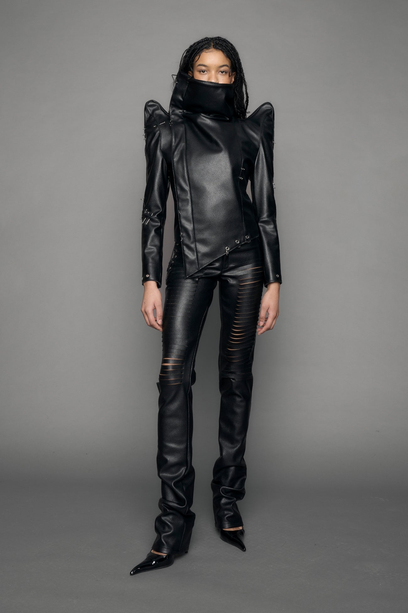 black vegan leather jacket with high collar