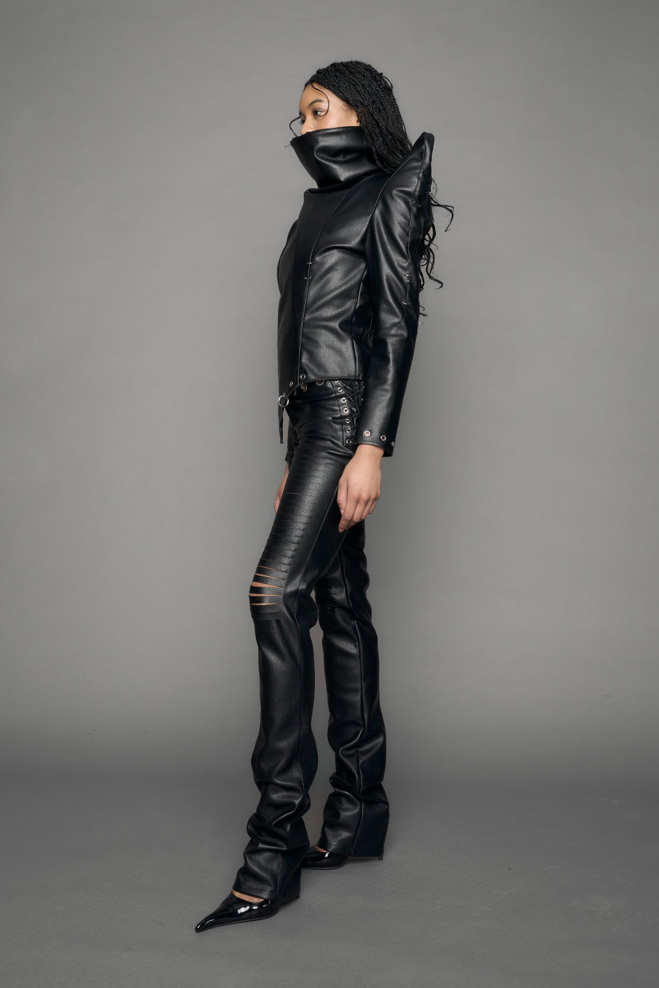 black vegan leather jacket with high collar