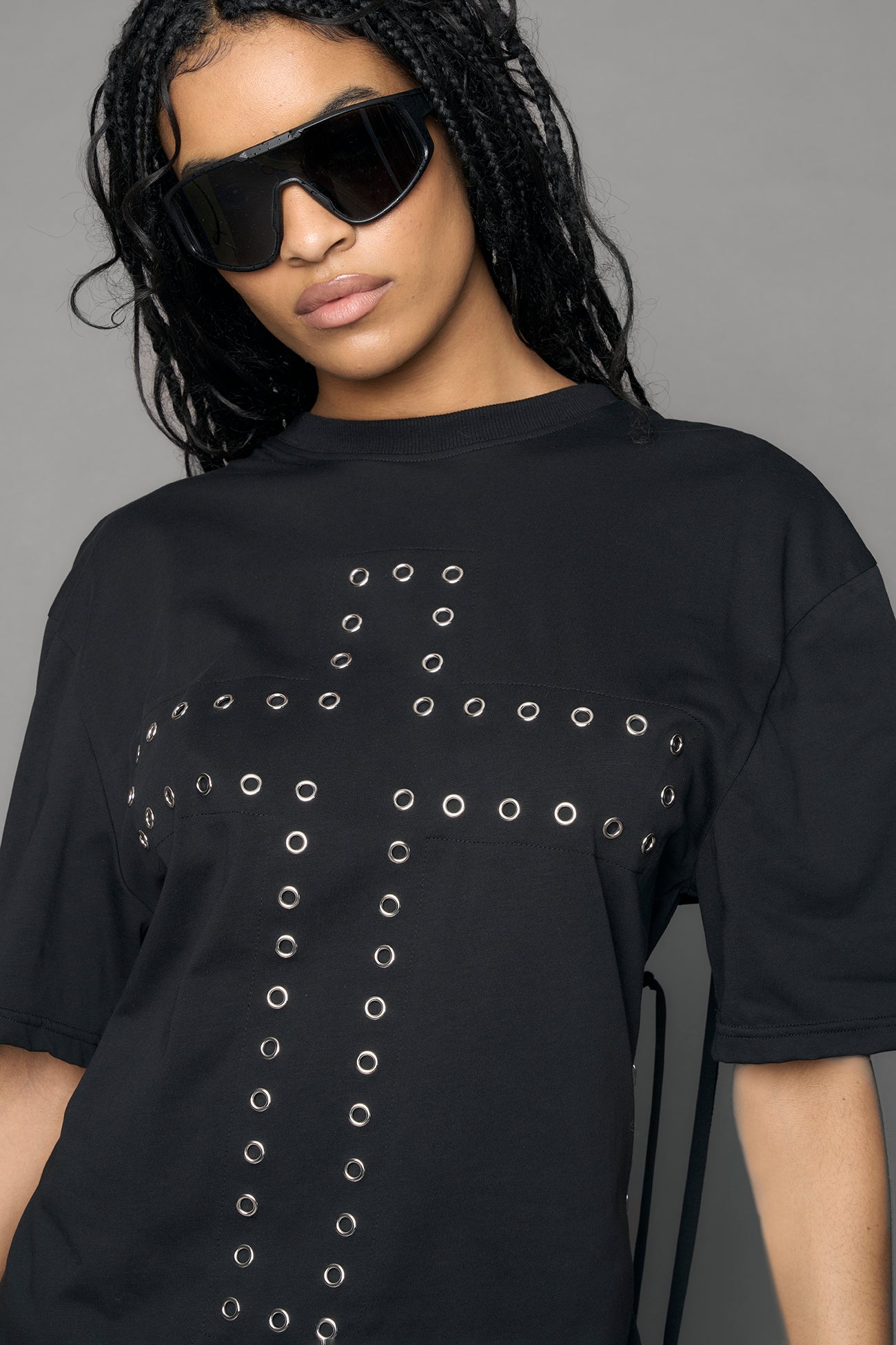 Black print decosntructed cotton Tshirt with chained back