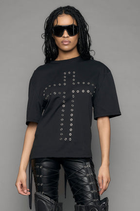 Black print decosntructed cotton Tshirt with chained back