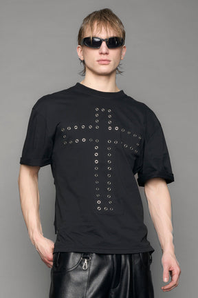 Black print decosntructed cotton Tshirt with chained back