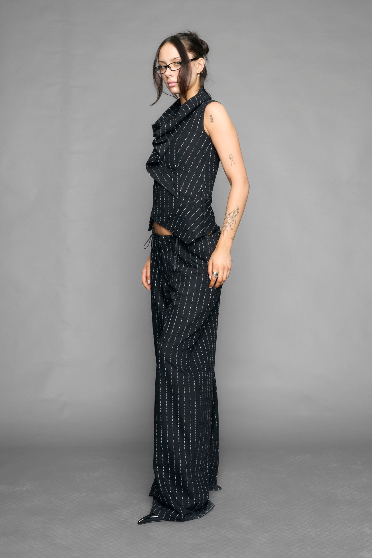 draped office pinstripe top