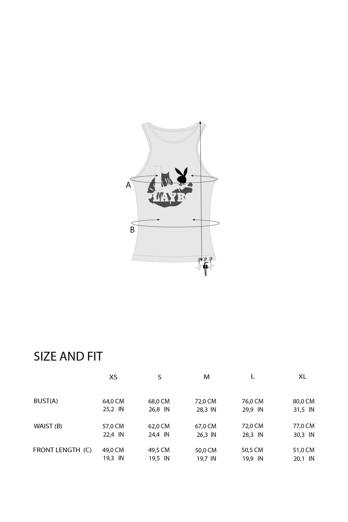 A size and fit chart for a white tank top, showing a line drawing of the shirt with measurement markers A and B, plus a size table listingXS, S, M, L, and XL with measurements in centimeters and inches.