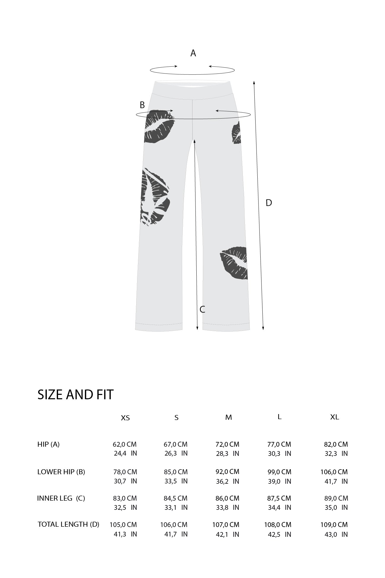 A size and fit chart showing a pair of light gray leggings with black leaf prints, with measurement lines labeled A, B, C, and D on a top view diagram, plus a size table from XS to XL with measurements in centimeters and inches.