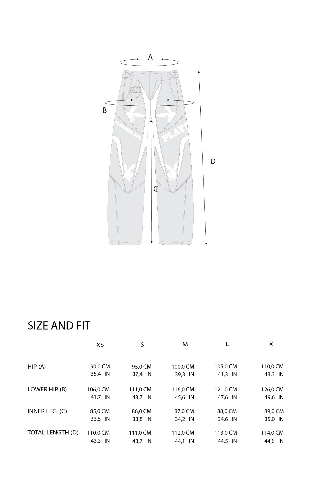 A sizing and fit diagram for white graphic pants, showing a side-view line drawing with dimension labels A, B, C, and D, plus a size table for XS, S, M, L, and XL.