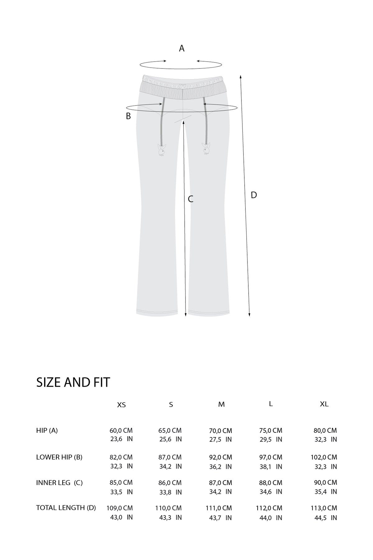 A size and fit diagram for light gray pants showing labeled body measurements A, B, C, and D around the legs, with a size chart table below for XS through XL.