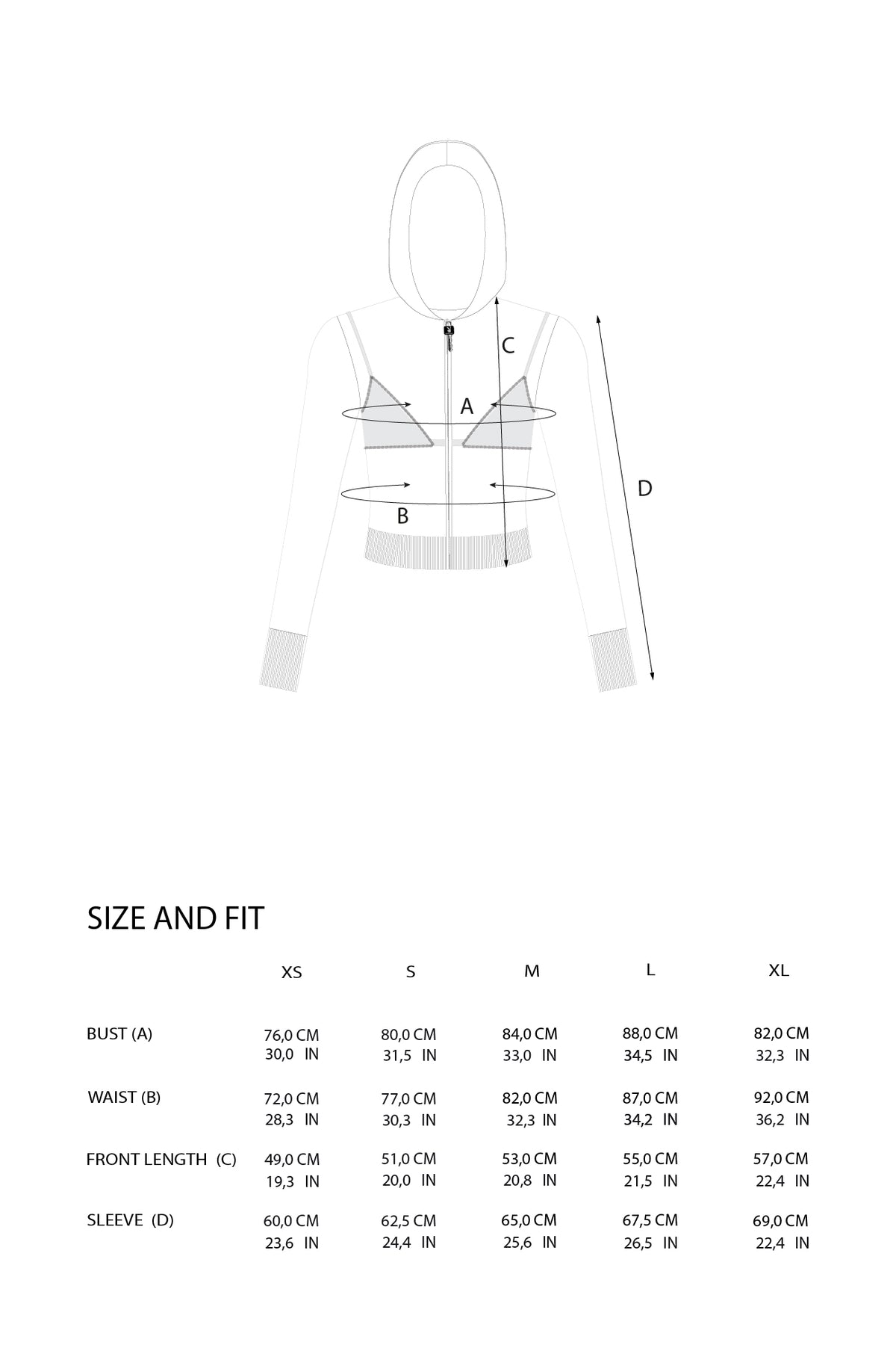 A size and fit chart for a knit top, showing a simple line drawing of the garment with measurement labels A, B, C, and D, plus a table listing measurements for sizes X5, S, M, L, and XL.