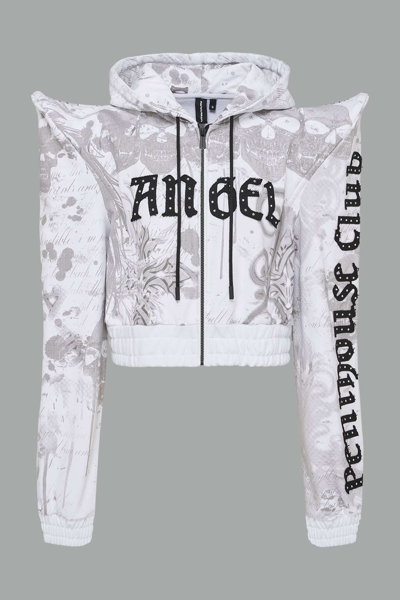 white printed cropped hoodie with exaggerated spike shoulders, drawstring hood, angel embroidery