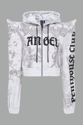 white printed cropped hoodie with exaggerated spike shoulders, drawstring hood, angel embroidery