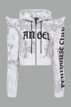 white printed cropped hoodie with exaggerated spike shoulders, drawstring hood, angel embroidery