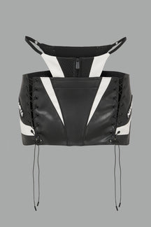 white vegan leather moto thong mini skirt with lace-up sides, cut-out hips, and zip front – edgy Y2K streetwear skirt for clubwear or festival looks.
