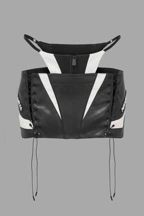 white vegan leather moto thong mini skirt with lace-up sides, cut-out hips, and zip front – edgy Y2K streetwear skirt for clubwear or festival looks.

