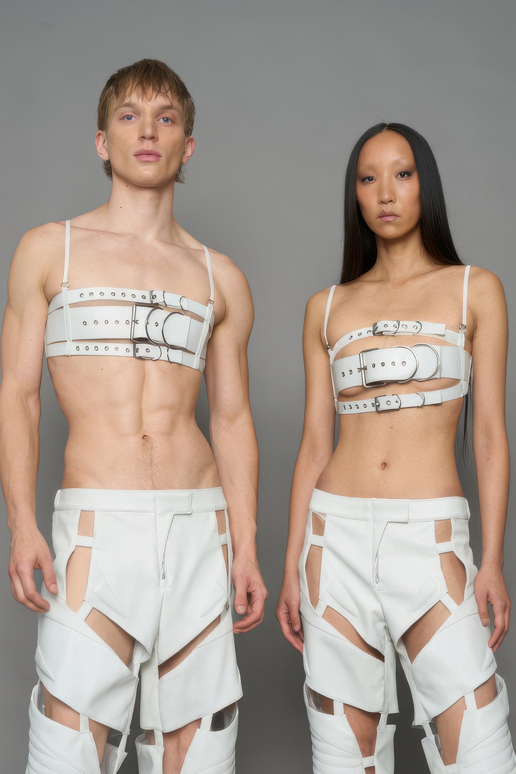 models wearing white vegan leather belt top with buckle details