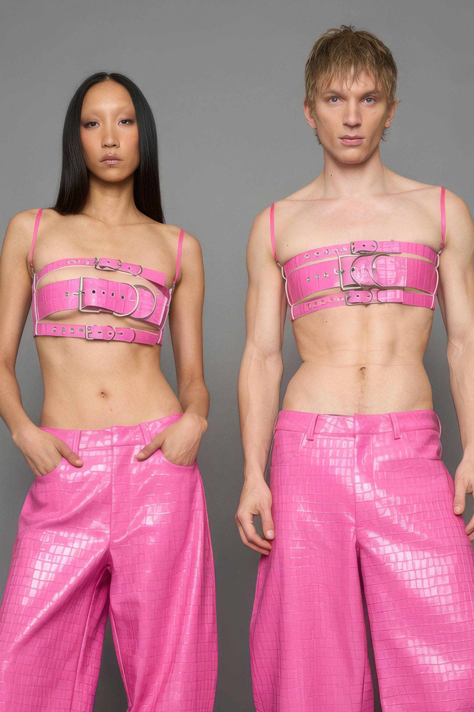 two models wearing pink vegan leather croc belt top with buckle details