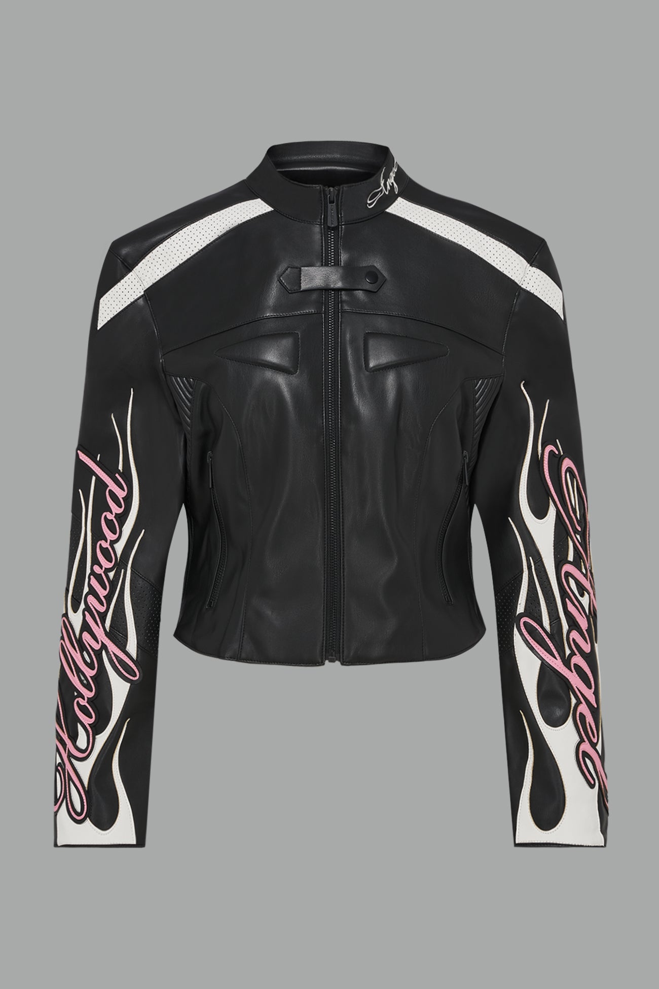 black motocross vegan leather jacket with embroidered sleeve