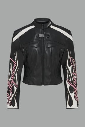 black motocross vegan leather jacket with embroidered sleeve