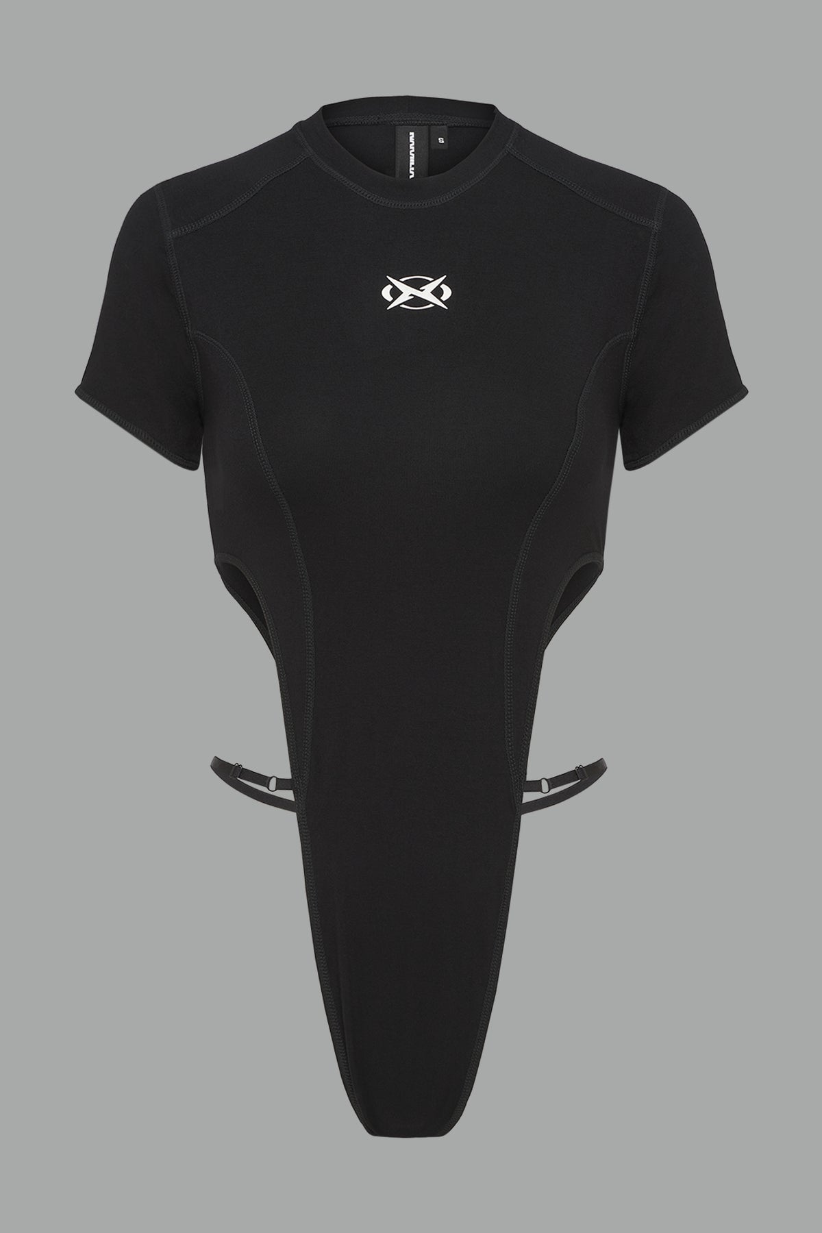 Black Namilia logo bodysuit with  cut-out sides, high-cut leg and strap details