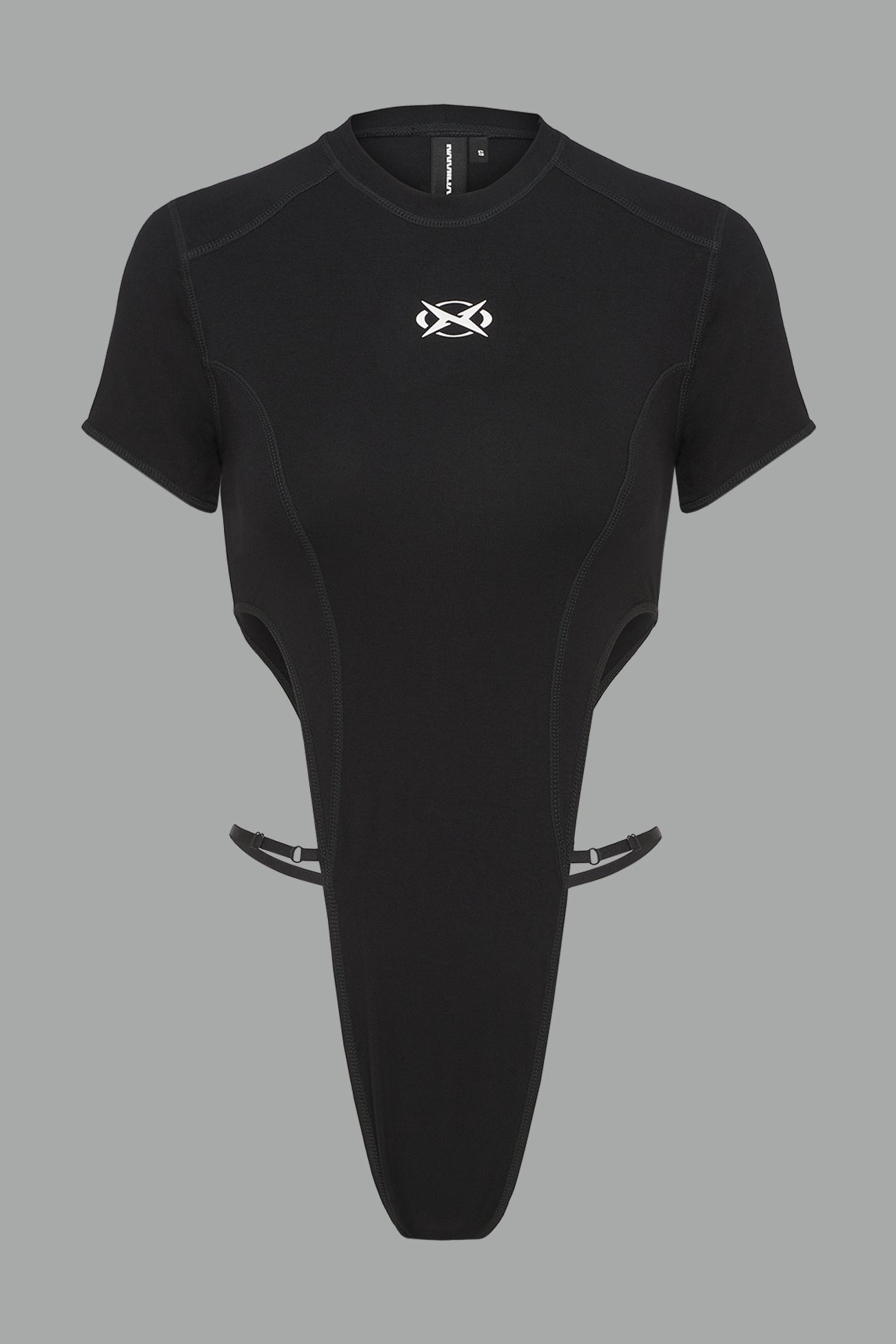 Black Namilia logo bodysuit with  cut-out sides, high-cut leg and strap details