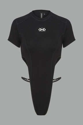 Black Namilia logo bodysuit with  cut-out sides, high-cut leg and strap details