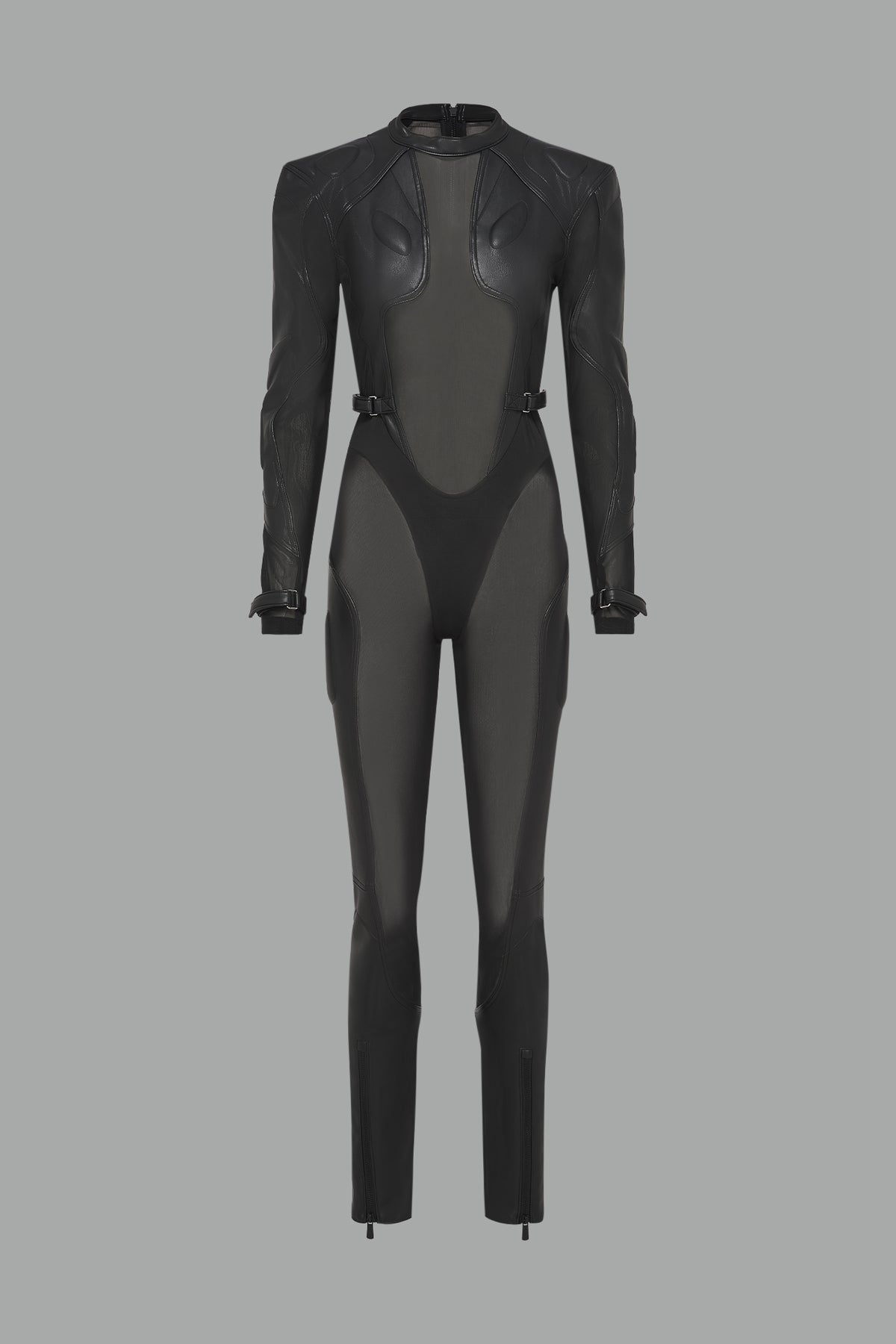 black full bodysuit with mesh panels and vegan leather