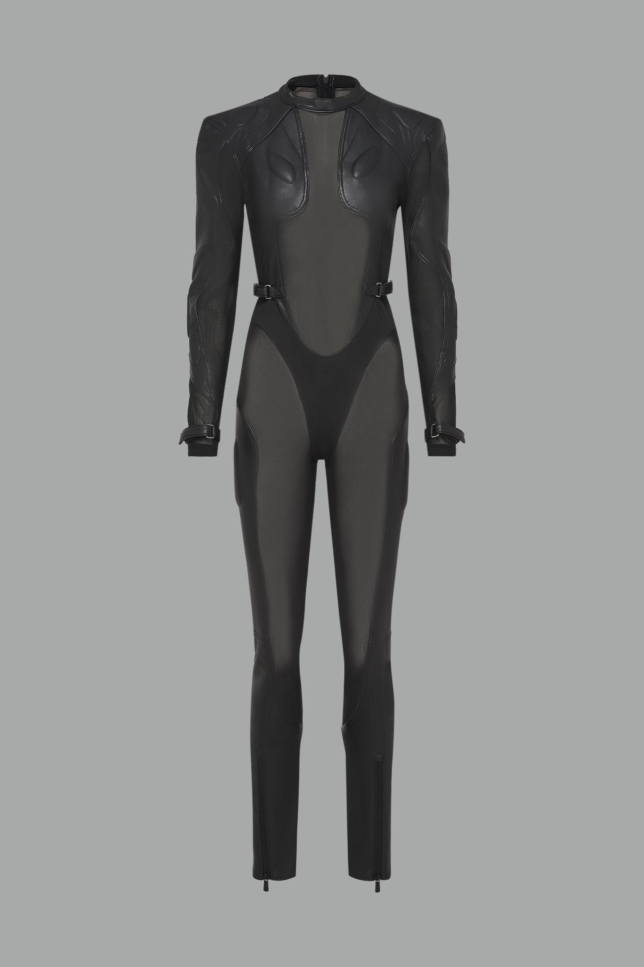 black full bodysuit with mesh panels and vegan leather