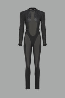 black full bodysuit with mesh panels and vegan leather