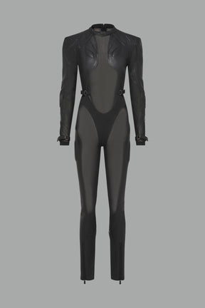 black full bodysuit with mesh panels and vegan leather