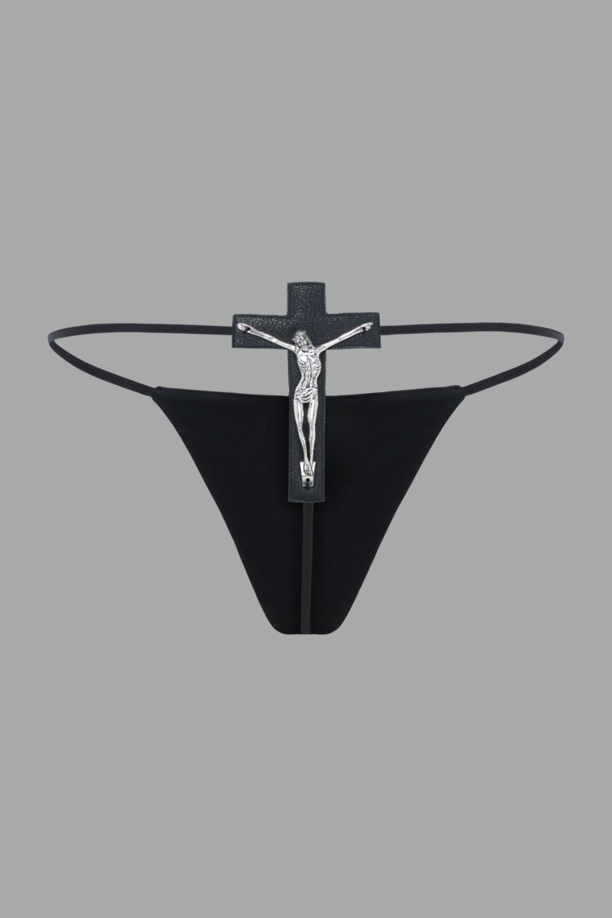 black thong with metal crucifix back