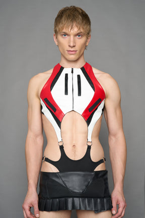 model wearing red white black moto inspired cut out body